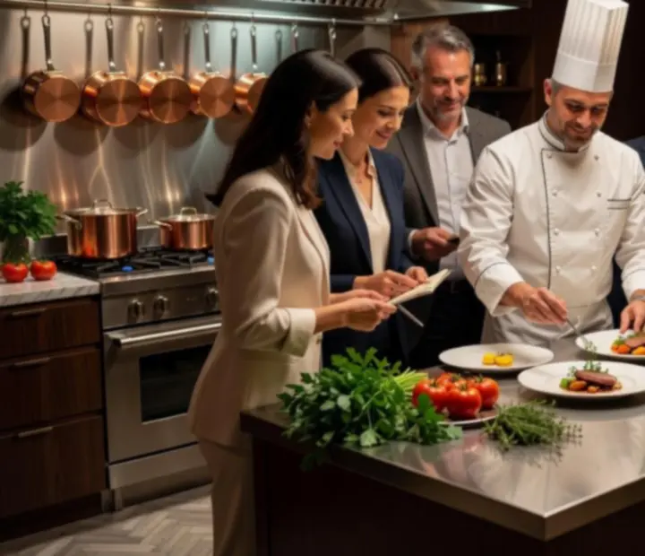 Atelier culinaire animé par le chef dans un restaurant gastronomique