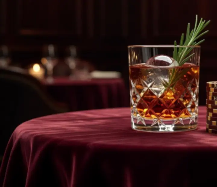 Cocktail signature pos&eacute; sur une table de poker &eacute;clair&eacute;e &agrave; la bougie