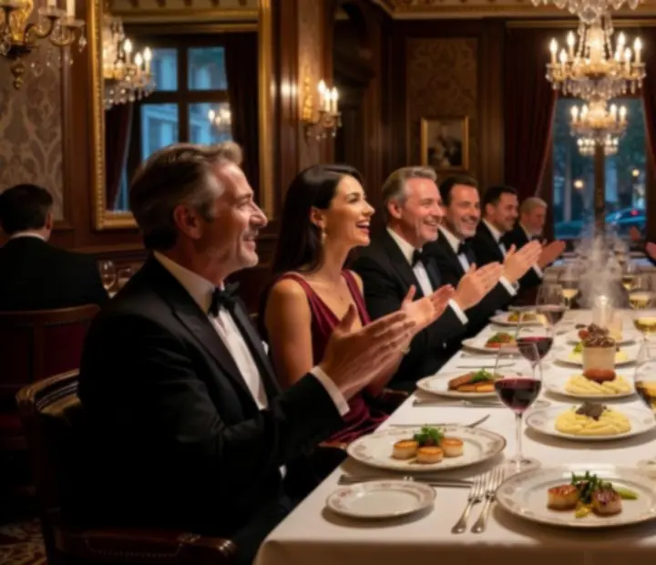 Convives partageant un moment chaleureux dans une salle de restaurant intimiste et luxueuse
