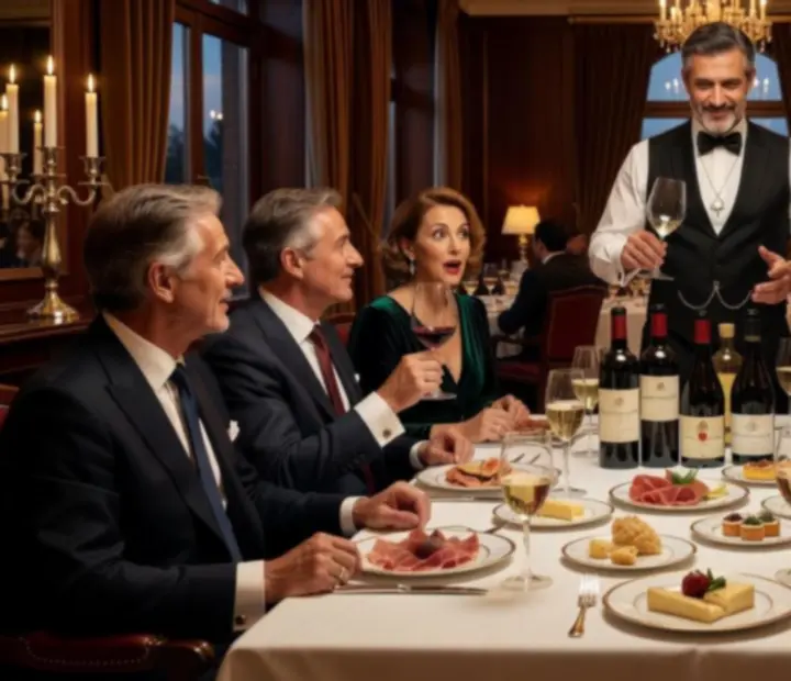 Sommelier présentant un grand cru à des convives élégants en salle