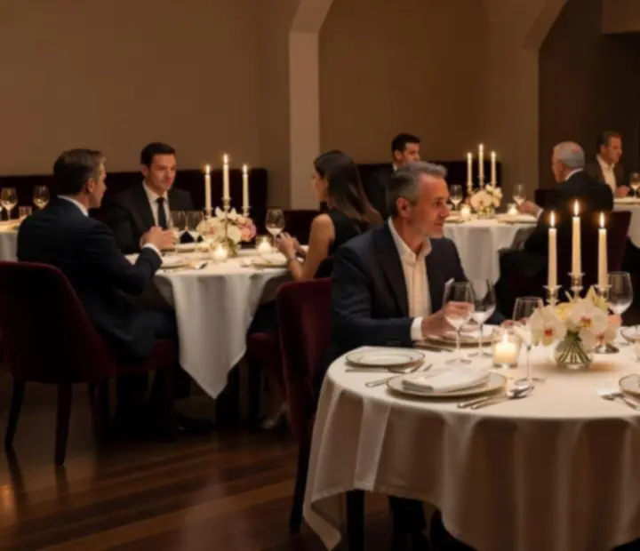 Salle à manger élégante d'Espace Evenia avec lumière tamisée et tables dressées.