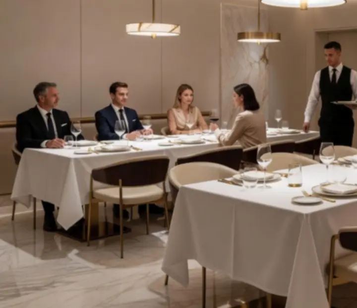 Salle de restaurant gastronomique baignée de lumière avec table élégamment dressée