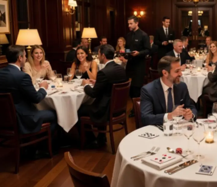 Ambiance feutrée d’un restaurant gastronomique avec convives et table de poker
