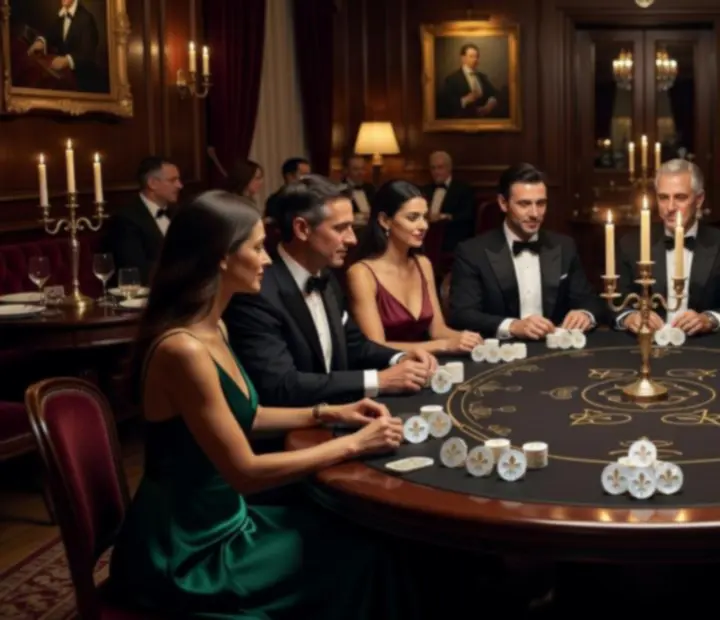 Table de poker élégante avec jetons symboliques et invités en tenue de soirée dans un restaurant chic
