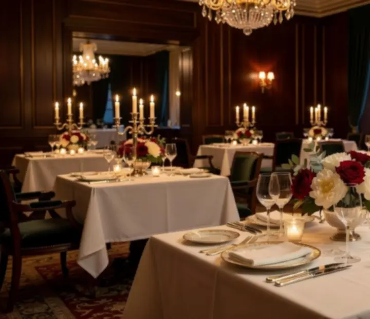 Salle à manger élégante du restaurant Espace Evenia, tables dressées et lumière tamisée