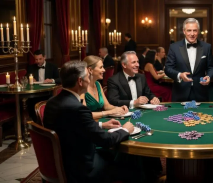 Table de poker élégante dressée dans un restaurant gastronomique, invités bien habillés