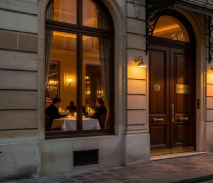 Façade nocturne du restaurant gastronomique Espace Evenia illuminée
