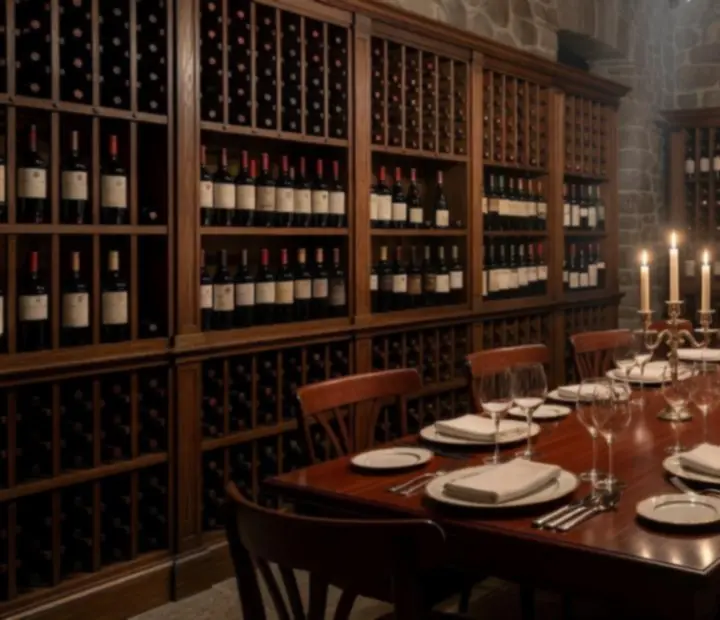 Salle de restaurant cave à vin chic avec murs de pierre et bougies
