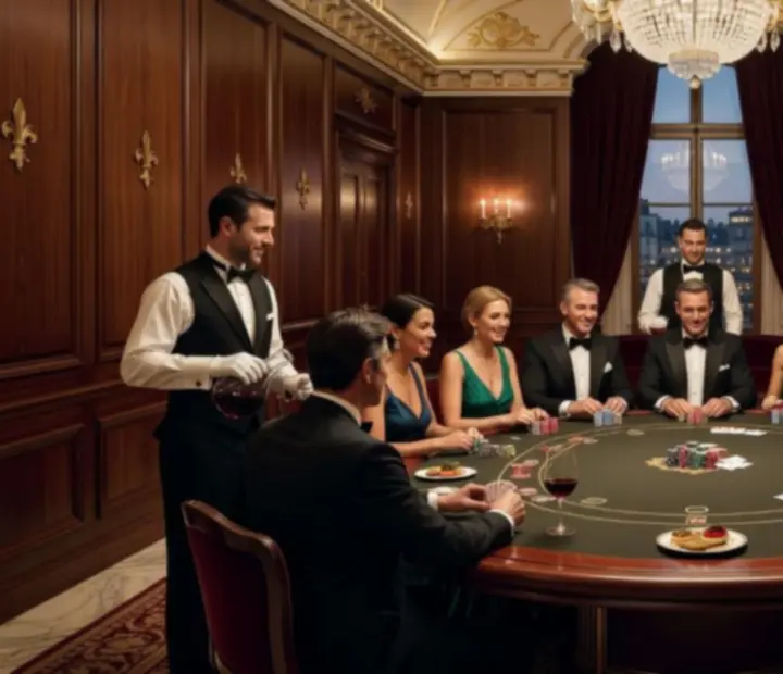 Salle de restaurant am&eacute;nag&eacute;e pour une soir&eacute;e poker &eacute;l&eacute;gante