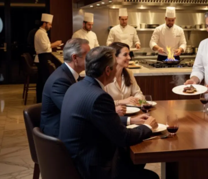 Table du chef à proximité d'une cuisine ouverte avec dressage minutieux des assiettes