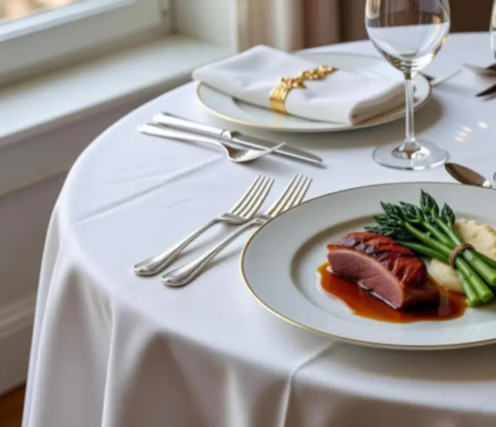 Table gastronomique dressée avec vaisselle d'exception et verres raffinés