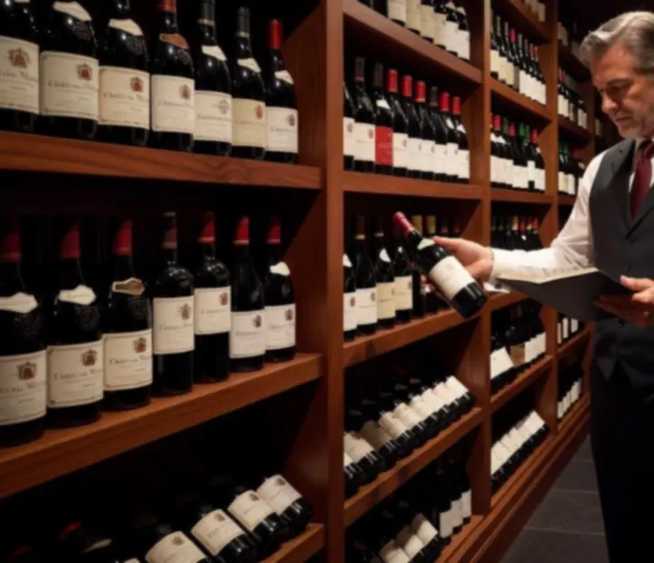 Sommelier dans la cave à vins d'Espace Evenia sélectionnant une bouteille premium.